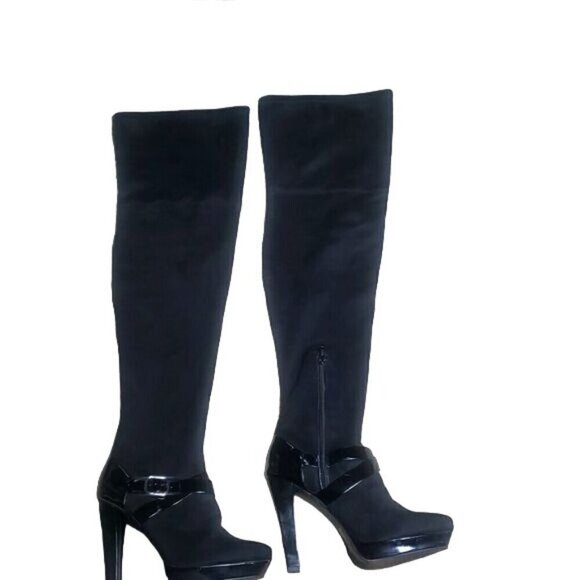 Black Over-The-Knee Platform Boots With Buckle & Zipper - Picture 1 of 8